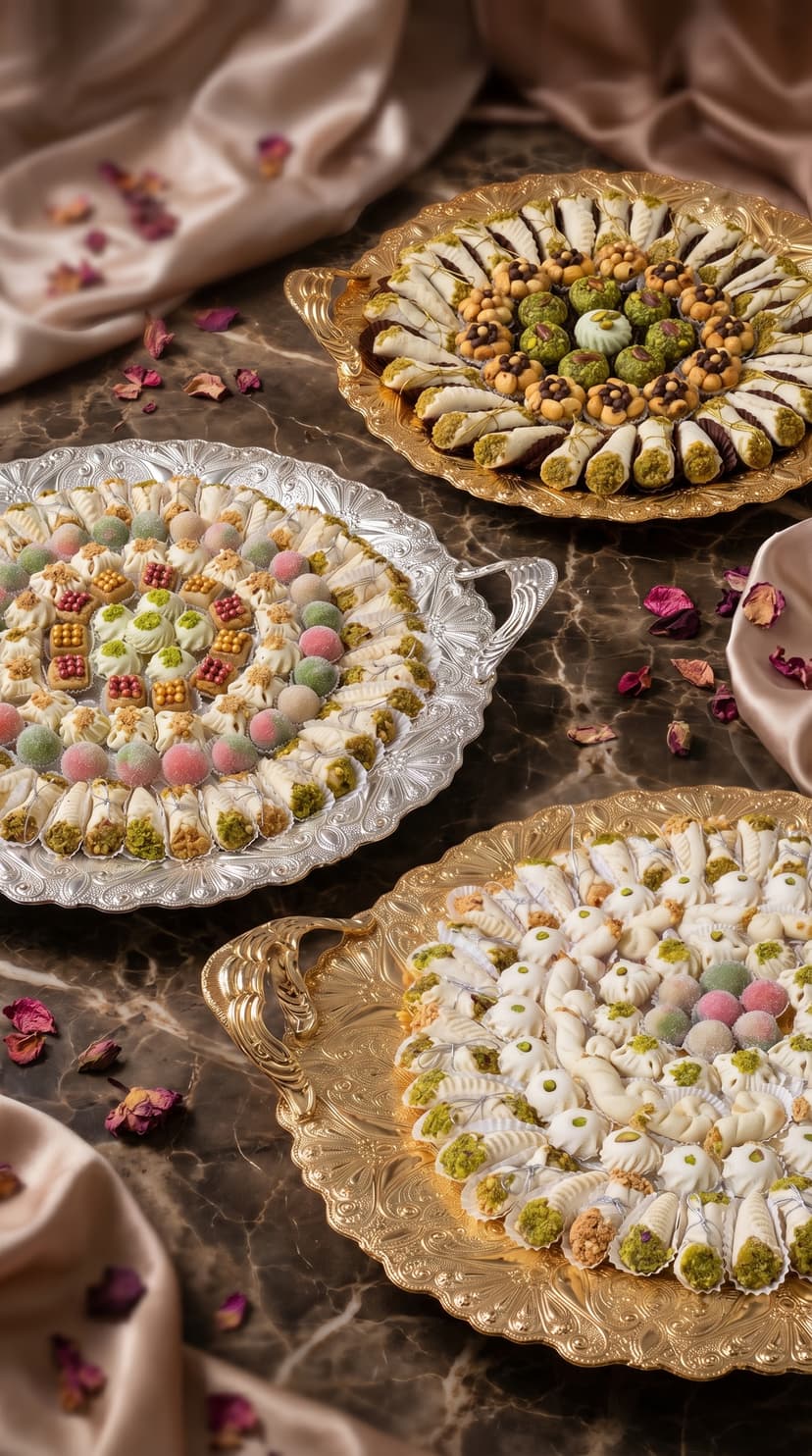 Assortiment coloré de bonbons et confiseries françaises disposés artistiquement sur fond blanc